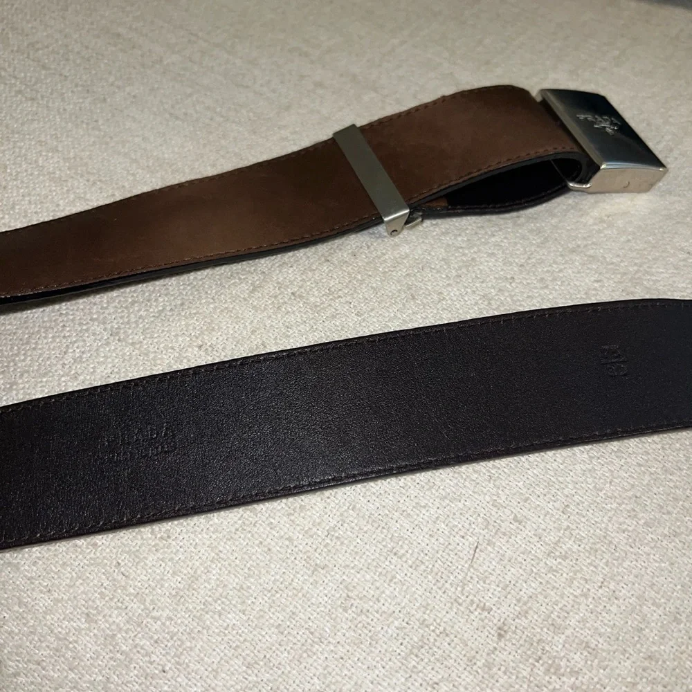 Prada Dark Brown Adjustable Leather Belt with Silver Buckle Logo Clasp - Picture 3 of 7